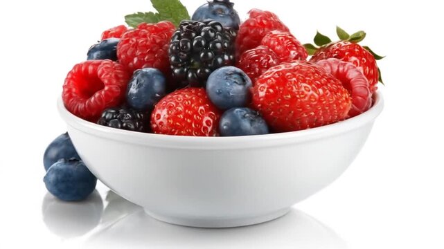 Close up of fresh berries in a white bowl isolated on white background