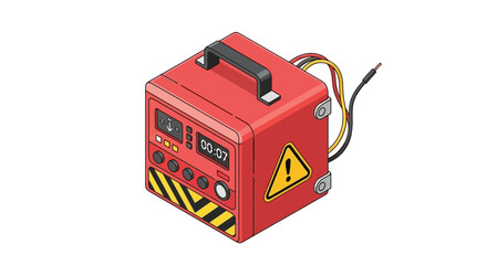 Naklejka premium Isometric red portable electronic device with digital display and wiring