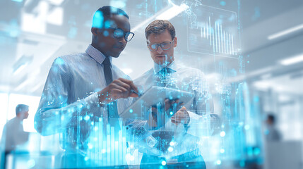 Business professionals engaged in a discussion over a tablet displaying interactive digital data projections