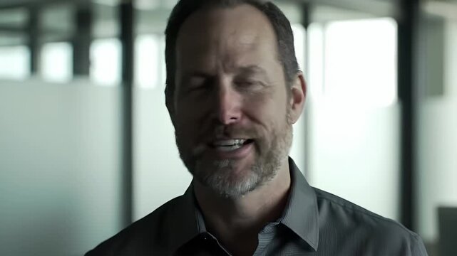 Engaging Middle Aged Man with Beard Wearing Gray Shirt Delivering a Corporate Presentation Against a Blurred Office Backdrop Cinematic Close Up Perfect for Business Communication and Testimonials