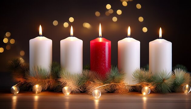 Four White Advent Candles In A Row That Are Lit With A Red Unlit Christ Candle In The Center And Garland Below