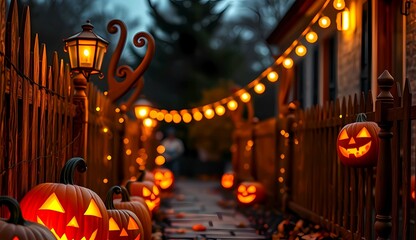 Halloween pathway decorated with glowing pumpkins, warm candlelight, autumn leaves on the ground, cozy yet spooky night atmosphere.