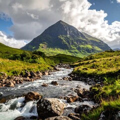 Scottish Highlands Mountain River Landscape.