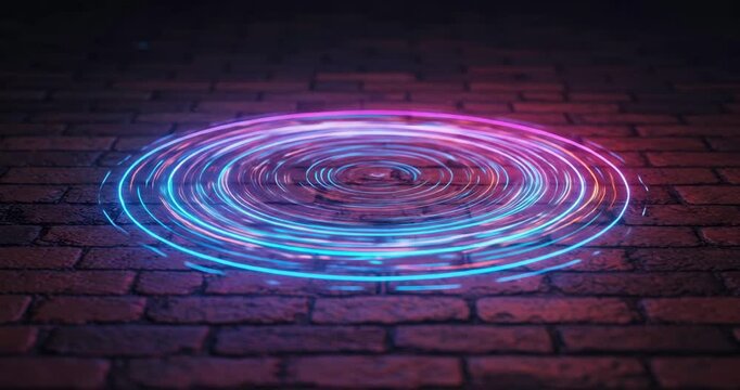Colorful glowing circular light patterns on brick floor