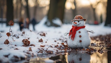 Snowman with red scarf and carrot nose standing in a snowy park with autumn leaves and sunset reflection in the water