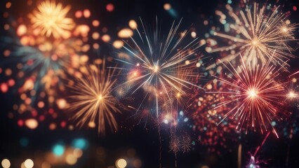 Colorful fireworks explode in dark night sky