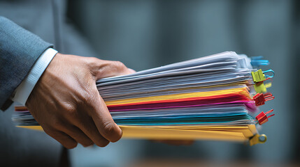 Businessman Carrying Large Stack of Colorful Paper Documents with Binder Clips papers