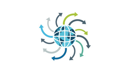 Global connections symbolized by a stylized world globe and outward pointing curved arrows
