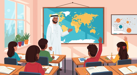 A teacher in traditional Arab dress instructs students in a classroom, pointing to a world map.