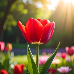 Beautiful Red Tulip in Spring Sunlight.