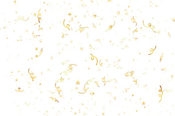 Shiny golden ribbon and star confetti falling on white background, perfect for party, celebration, and festive decorative design.