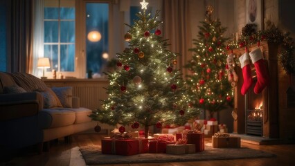 Christmas trees, gifts, cozy living room