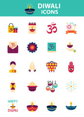 set of diwali icons, india traditional festival