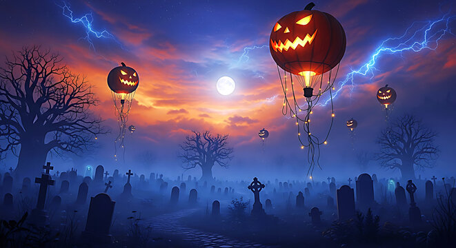 Spooky halloween graveyard with glowing jack o lanterns floating in the sky - Powered by Adobe