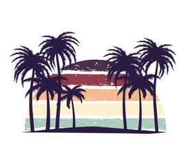 Palm trees silhouettes against a retro sunset with horizontal color bands design illustration