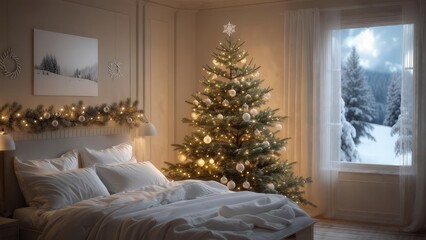 Cozy Christmas bedroom with a snowy view
