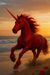 浜辺を走る赤いユニコーン
