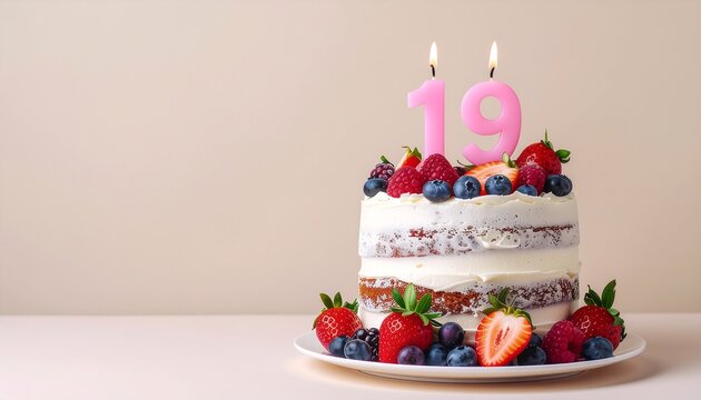 Nineteenth Birthday Celebration A Delicious Cake Adorned with Berries and Lit Candles