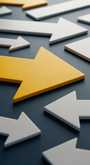 Image with a group of white arrow shapes and one yellow arrow shape, suggesting leadership, direction, or a different approach and strategy