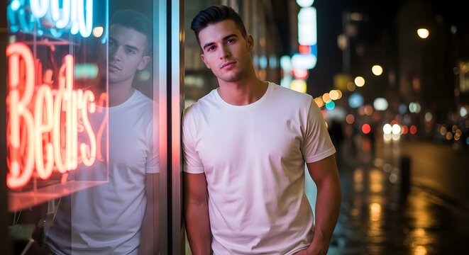Urban night scene with a stylish man in white t-shirt by neon lights - Powered by Adobe