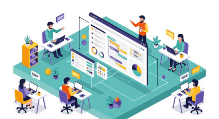 Isometric illustration depicting a modern business team collaborating on digital projects, utilizing technology for data analysis and efficient workflow in a contemporary office.