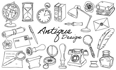 アンティーク雑貨と文房具の線画セット,ヴィンテージデザインエレメント
