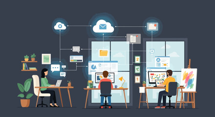 Diverse professionals collaborate remotely, seamlessly connected by cloud technology and digital platforms, sharing data efficiently across various workspaces.