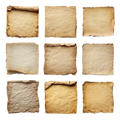 Nine aged, textured paper squares, showing various shades of light brown and beige, with curled edges