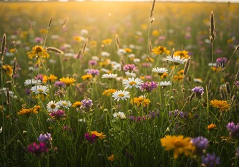 A vibrant meadow filled with a diverse array of wildflowers bathed in the warm glow of the setting sun.