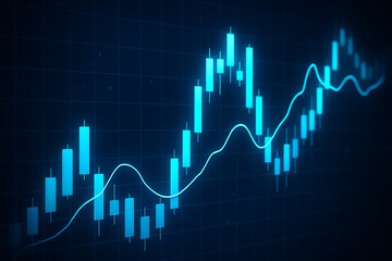 Blue candlestick stock chart with upward trend line on dark background representing market growth
