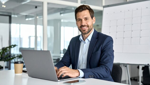 Business Man with laptop, Calendar in office, Business management event . Organizational management, business plan targeted marketing activities, media relations advertising. 