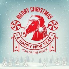 Merry Christmas and 2026 Happy New Year stamp, sticker with horse in Santa Claus hat, Christmas candy. Vector. Vintage typography design for Xmas, new year emblem in retro style