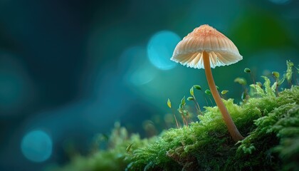 Tiny mushroom on moss, teal background