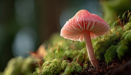 Delicate pink mushroom in moss