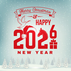 Merry Christmas and 2026 Happy New Year stamp, sticker set with horse, Christmas gift, Santa hat and peace dove. Vector. Vintage typography design for Xmas, new year emblem in retro style