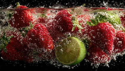 Fresh strawberries and lime in water, bubbles