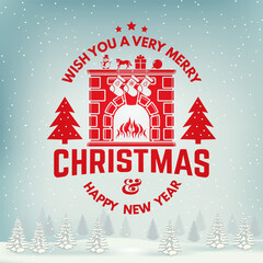 Wish you a very Merry Christmas and Happy New Year stamp, sticker, patch with fireplace, Christmas socks, christmas tree. Vintage design for xmas, new year