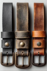 Three distressed leather belts in black, brown, and tan