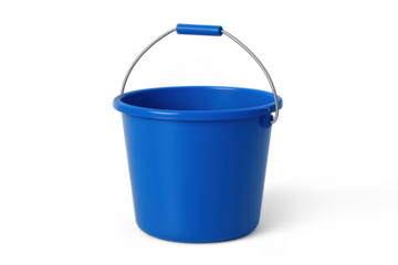 Blue plastic bucket with metal handle on transparent background