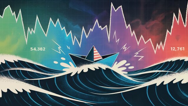 Navigate financial markets confidently with this paper boat sailing through volatile stock market waves - Powered by Adobe