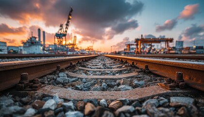 Railroad tracks at sunset, industrial harbor