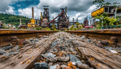 Rusty railway tracks lead towards industrial structures