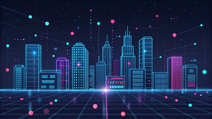 Futuristic neon cityscape with digital data streams and grid