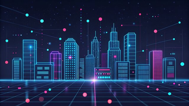Futuristic neon cityscape with digital data streams and grid