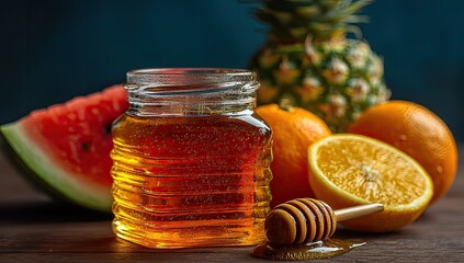 Honey jar with fresh fruit