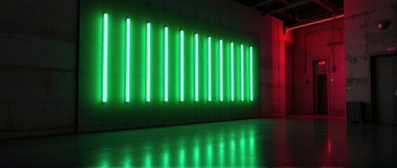 Obraz premium futuristic glowing neon installation featuring evenly aligned vertical green light bars fixed to con