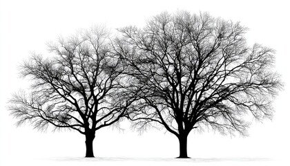 Two leafless trees against a white background