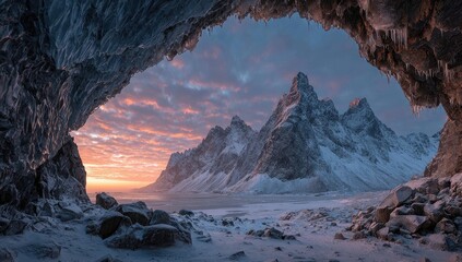 Snowy mountain vista through icy cave opening at sunset