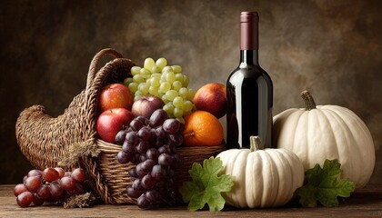 Autumnal cornucopia with fruit, wine, and pumpkins