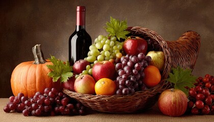 Autumnal cornucopia with fruits, wine, and pumpkin